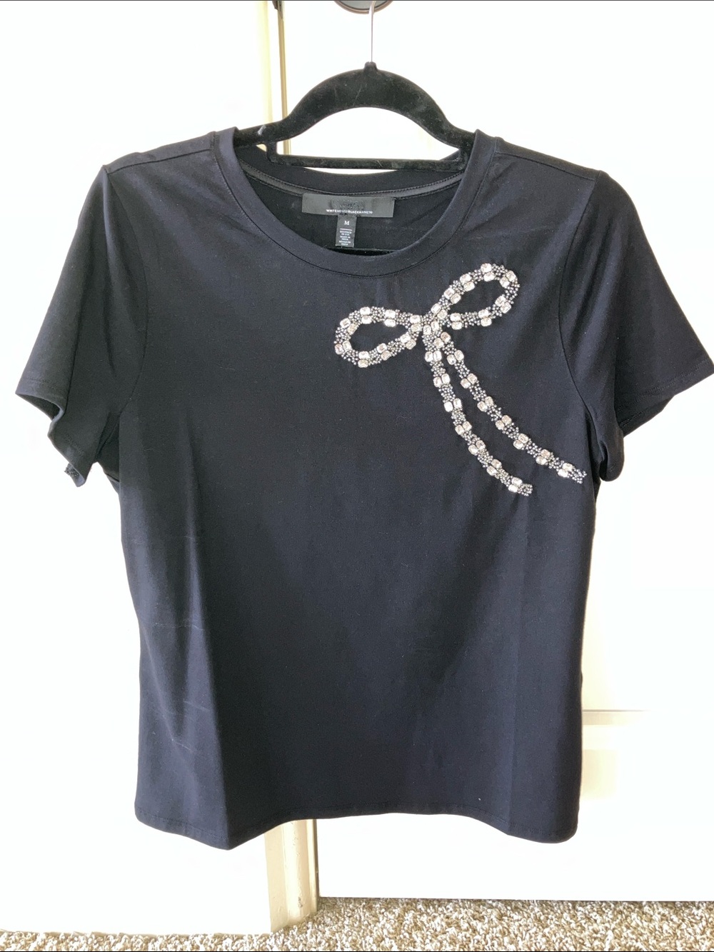 NWT White House Black Market Black Short Sleeve Tee with Rhinestone Bow